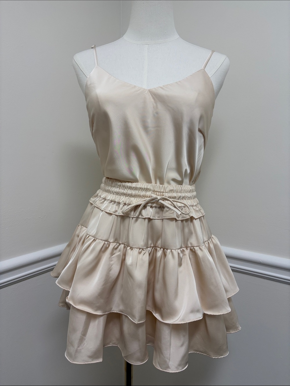 Flowy Satin 2 Piece Shirt and Skirt in Cream